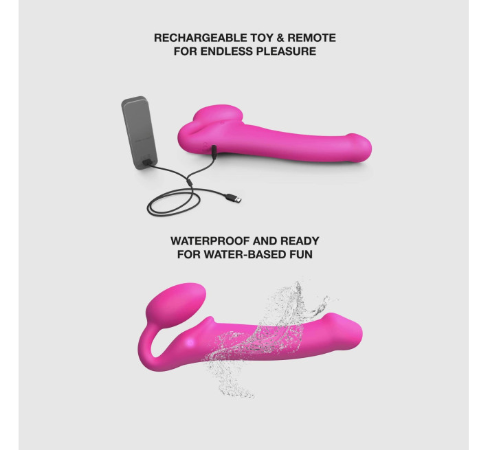 Безремінний страпон з вібрацією Strap-On-Me Vibrating Fuchsia M, діаметр 3,8 см, пульт ДК, регульований