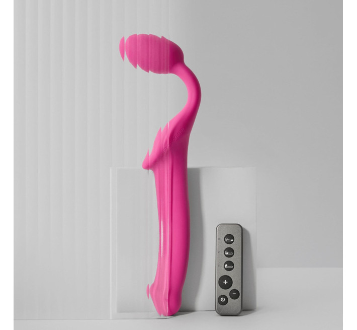 Безремінний страпон з вібрацією Strap-On-Me Vibrating Fuchsia M, діаметр 3,8 см, пульт ДК, регульований