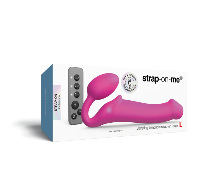 Безремневой страпон с вибрацией Strap-On-Me Vibrating Fuchsia L, диаметр 3,7 см, пульт ДУ, регулируемый
