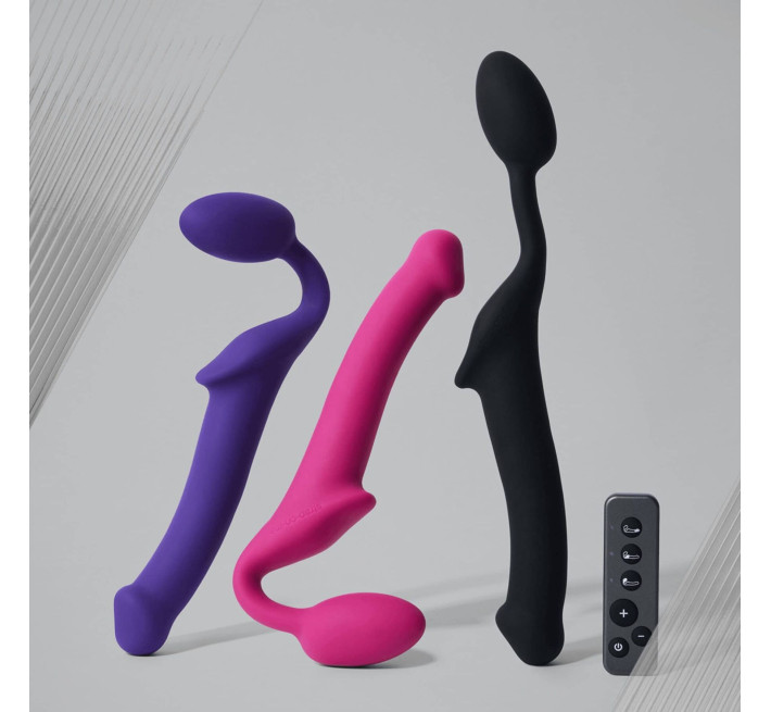 Безремневой страпон с вибрацией Strap-On-Me Vibrating Fuchsia L, диаметр 3,7 см, пульт ДУ, регулируемый