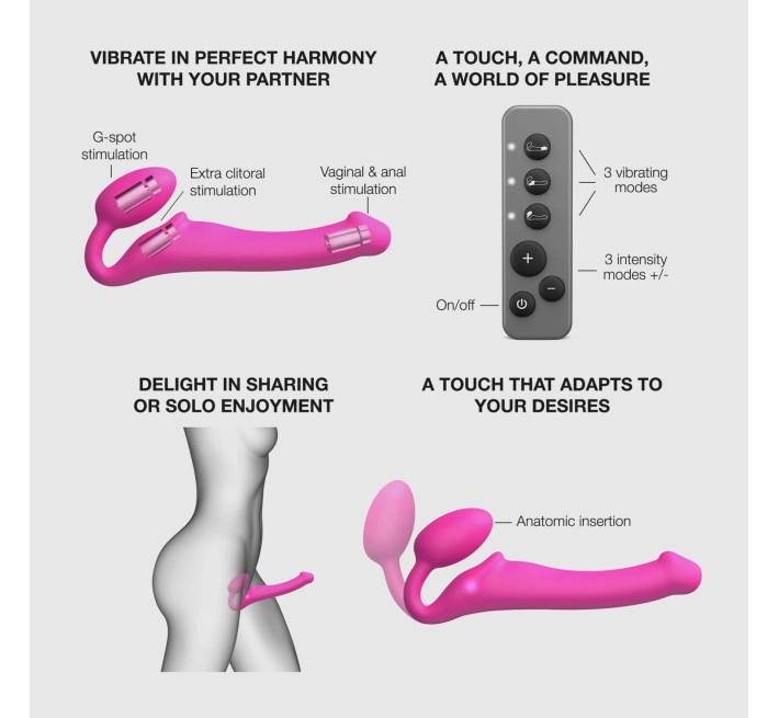 Безремінний страпон з вібрацією Strap-On-Me Vibrating Fuchsia XL, діам. 4,7см, пульт ДК, регульований