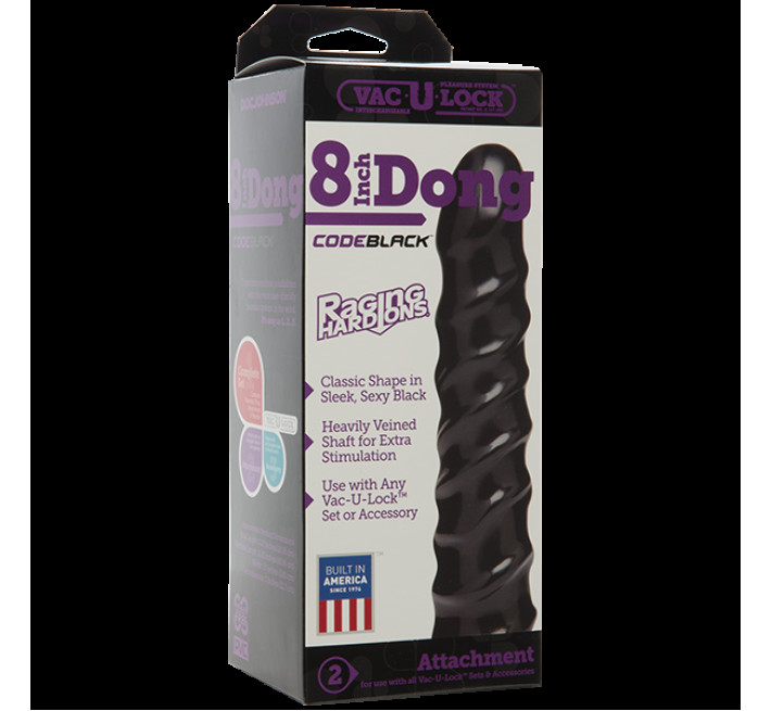 Дилдо Doc Johnson CodeBlack - 8 Inch Raging Vac-U-Lock со стимулирующим рельефом, диаметр 3,8 см