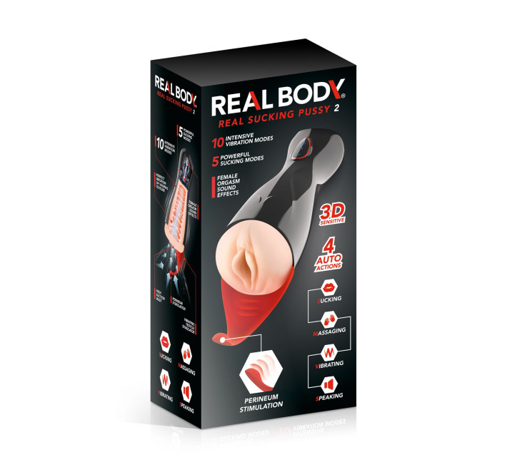 Премиум-вибромастурбатор Real Body - Real Sucking Pussy 2, всасывание, звук, стимуляция промежности