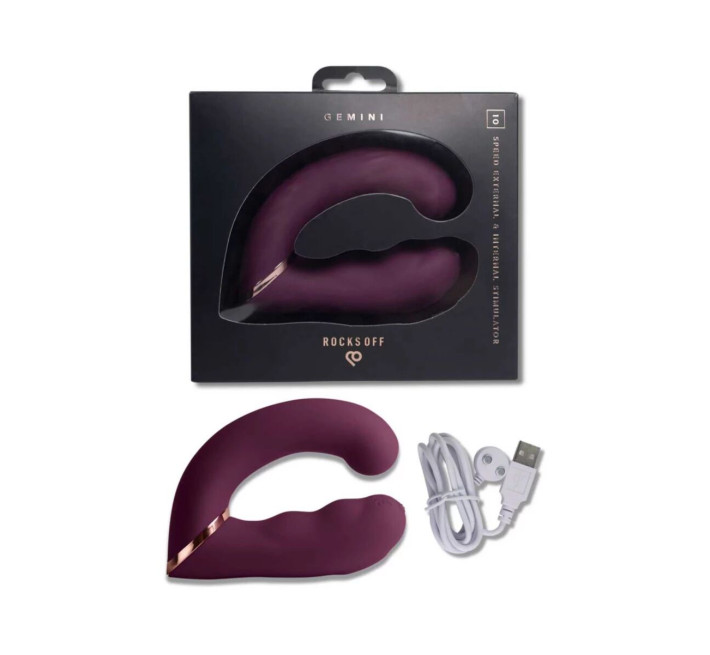 Подвійний вібратор Rocks Off Gemini Burgundy, 2 мотори, по 10 режимів, змінне положення ручки