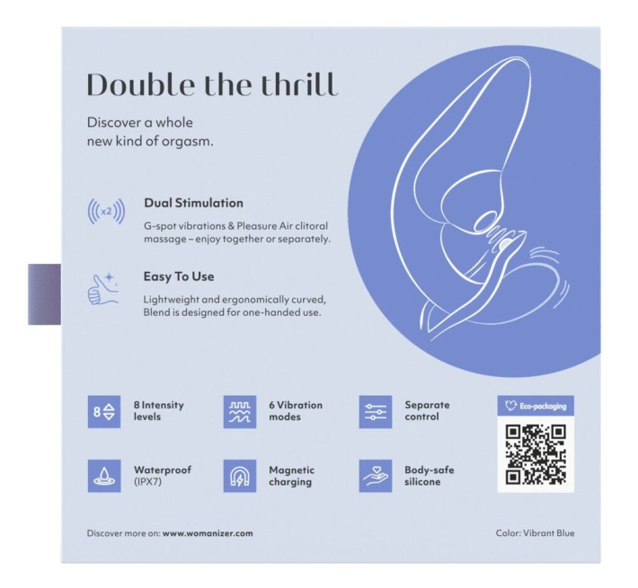 Вагінально-кліторальний стимулятор Womanizer Blend Vibrant Blue, вібрація + вакуум, 2 мотори