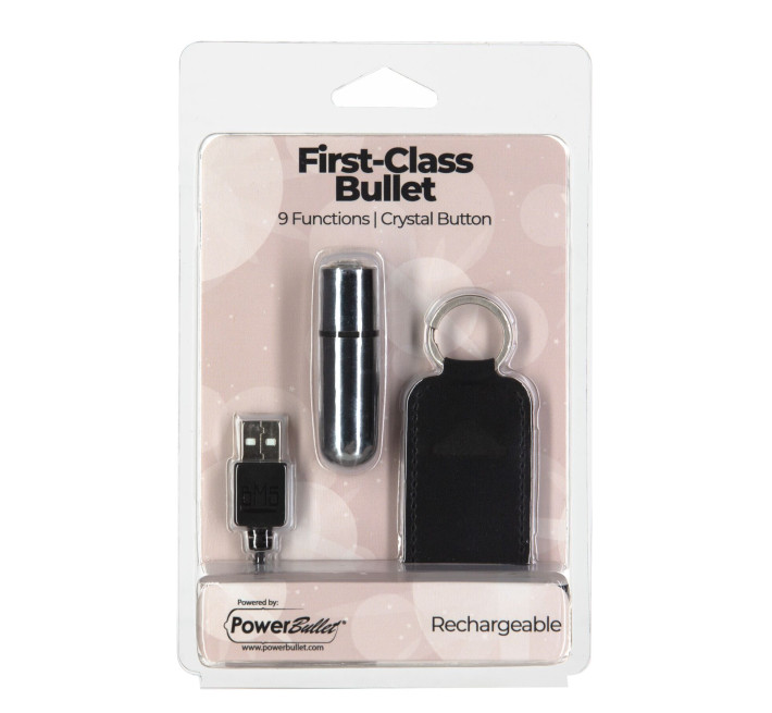 Виброшар PowerBullet First-Class Bullet 2.5″ с Key Chain Pouch, Silver, 9 режимов вибрации