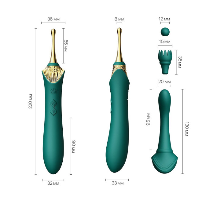 Вагінально-кліторальний вібратор Zalo — Bess Turquoise Green, багатофункціональний із насадками