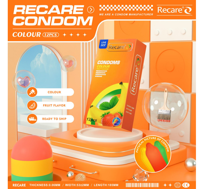Recare Color Fruit Flavour Condoms 12 шт, аромати: м'ята, банан, полуниця
