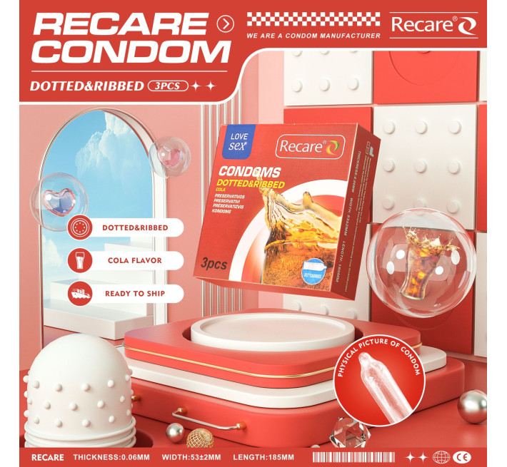 Recare Cola Dotted&Ribbed Condoms 3 шт, з пухирцями та ребрами, аромат: Кола