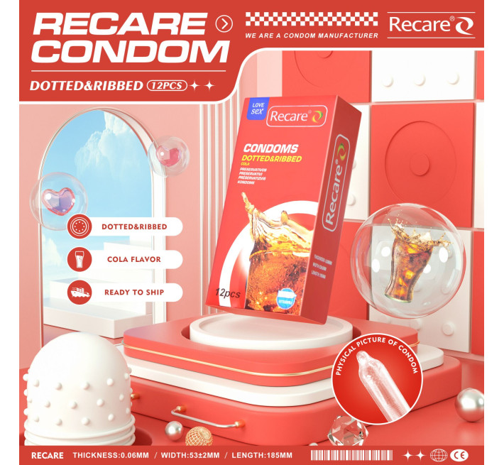 Recare Cola Dotted&Ribbed Condoms 12 шт, з пухирцями та ребрами, аромат: Кола