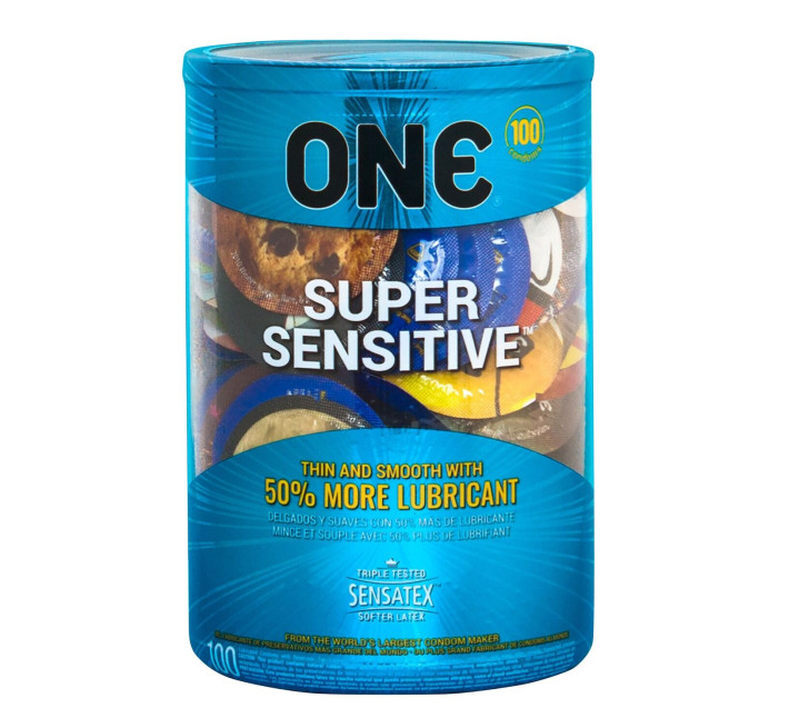 ONE Super Sensitive, 100 шт, гладенькі, з додатковою змазкою, паковання-тубус
