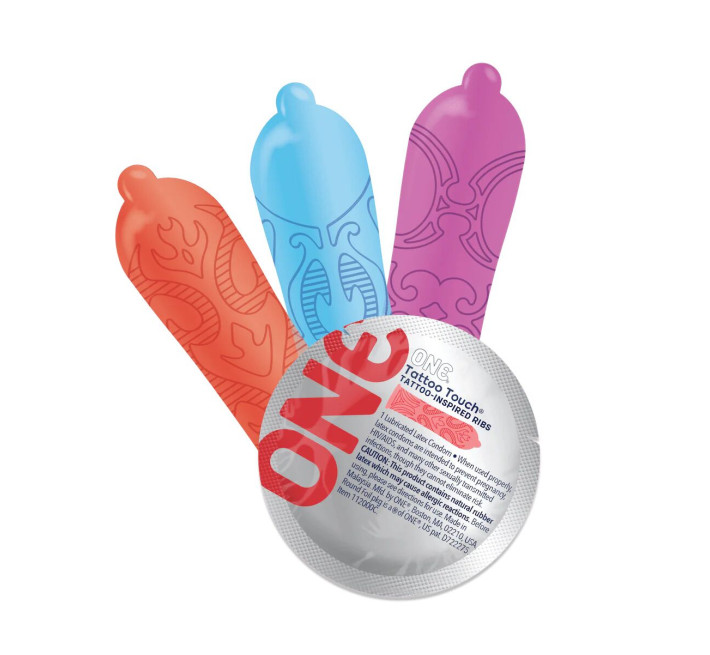 ONE Tattoo Touch, 100 шт, з рельєфом у вигляді тату, 3 різновиди, паковання-тубус