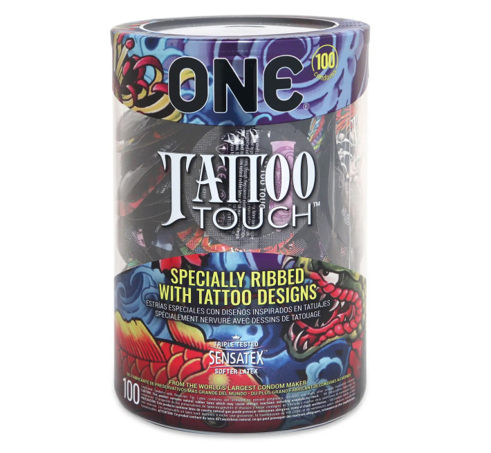 ONE Tattoo Touch, 100 шт, з рельєфом у вигляді тату, 3 різновиди, паковання-тубус