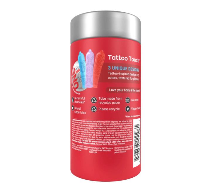 ONE Tattoo Touch, 12 шт, рельеф в виде тату, 3 разновидности, подарочная упаковка-тубус