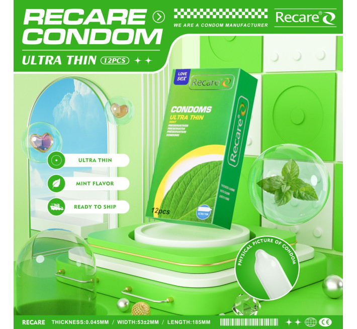 Recare Ultra Thin Mint Condoms 12 шт, ультратонкі, аромат: м'ята