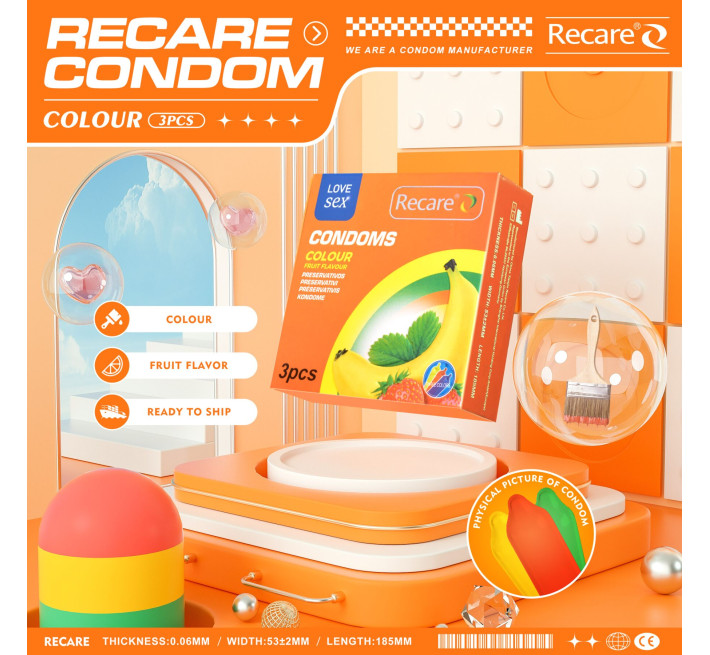 Recare Color Fruit Flavour Condoms 3 шт, аромати: м'ята, банан, полуниця